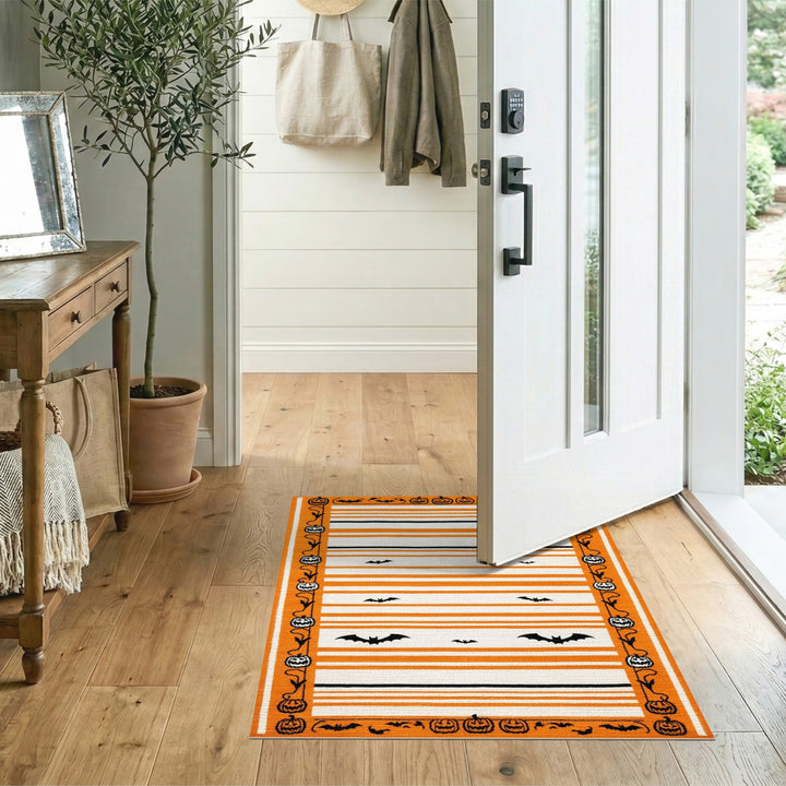 Orange Halloween Striped Area Rug with Bats and Pumpkins
