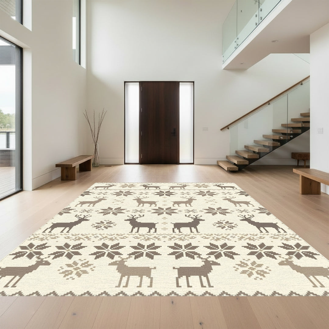 Rustic Beige Deer Snowflake Jacquard Rug