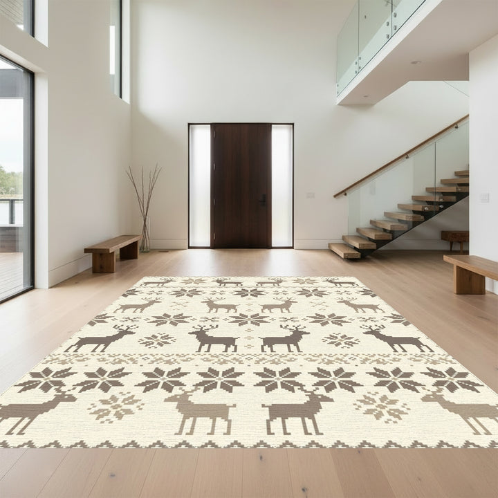 Rustic Beige Deer Snowflake Jacquard Rug