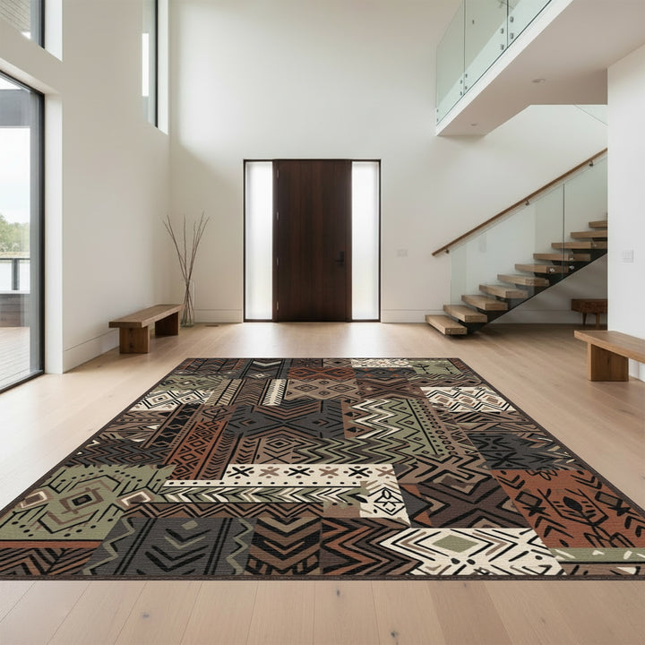 Earthy Patchwork Geometric Tribal Rug