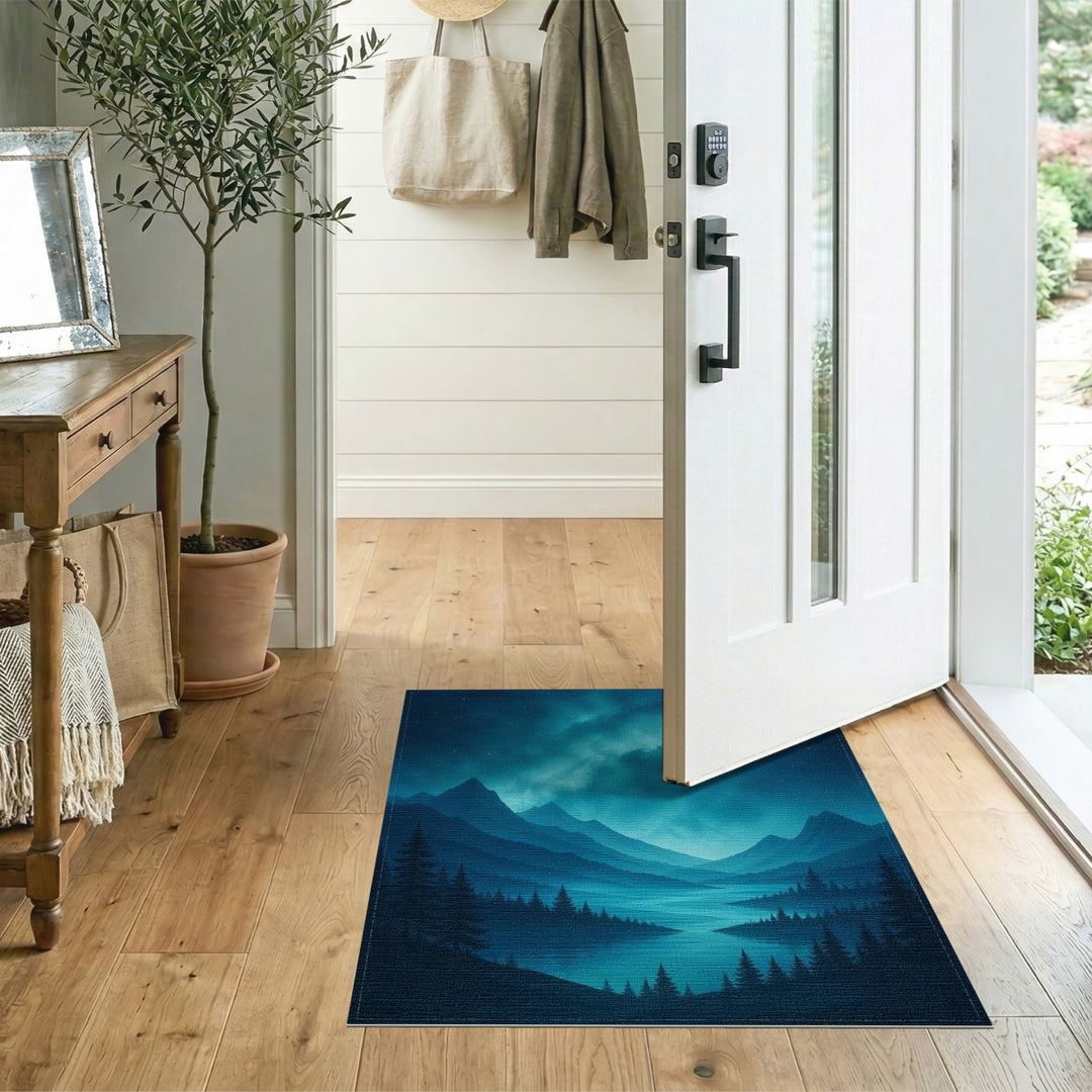 Blue Teal Mountain Lake Area Rug