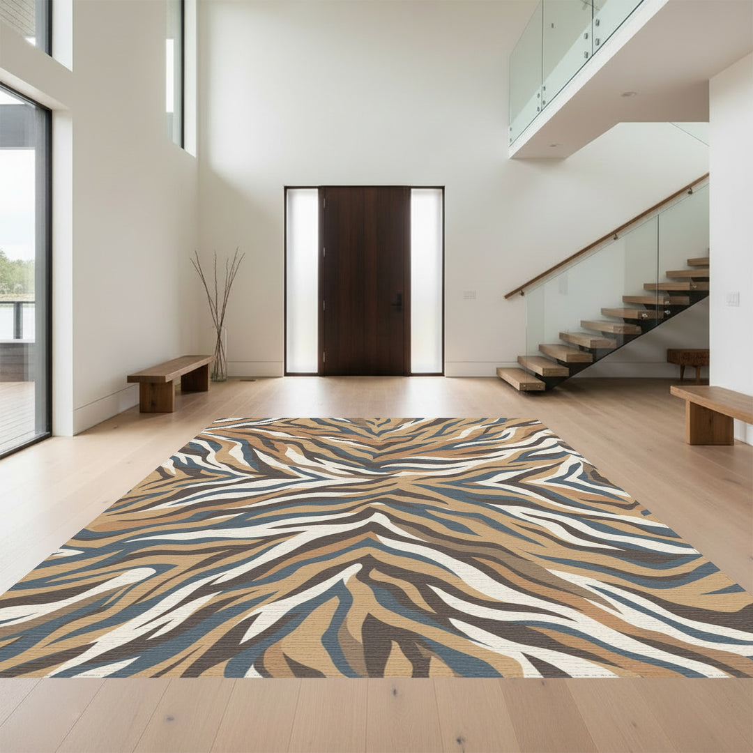 Earthy Brown Blue Zebra Stripe Rug