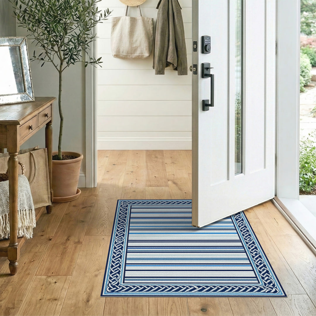Blue Striped Heritage Area Rug with Knot Border