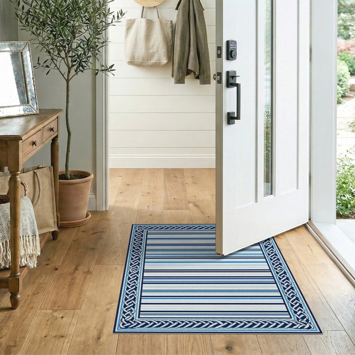 Blue Striped Heritage Area Rug with Knot Border