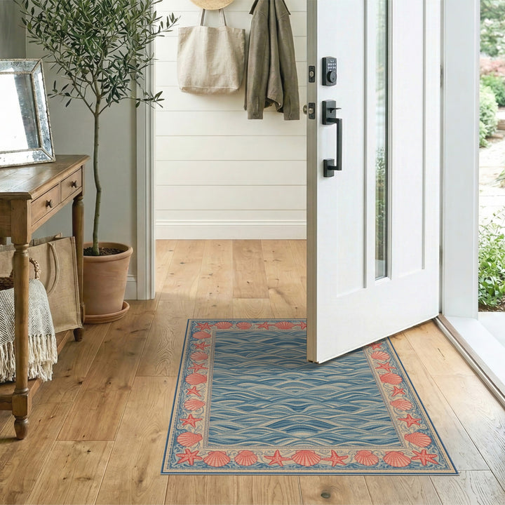 Blue Coastal Wave Area Rug with Seashell Border