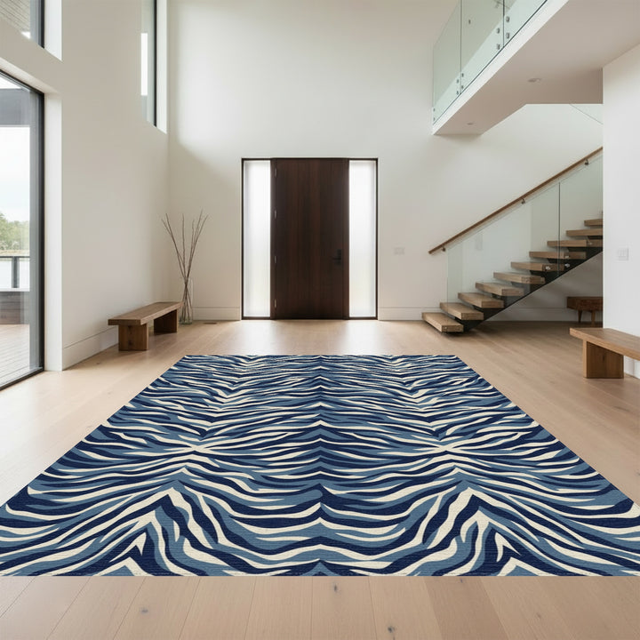 Deep Blue And Cream Zebra Stripes Rug