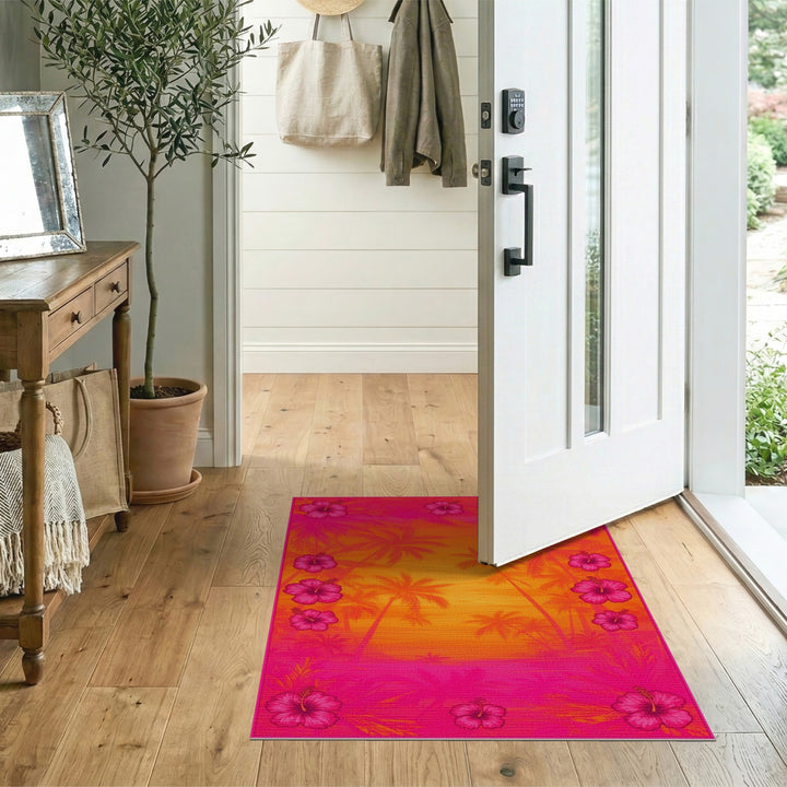 Pink Hibiscus Sunset Palm Area Rug