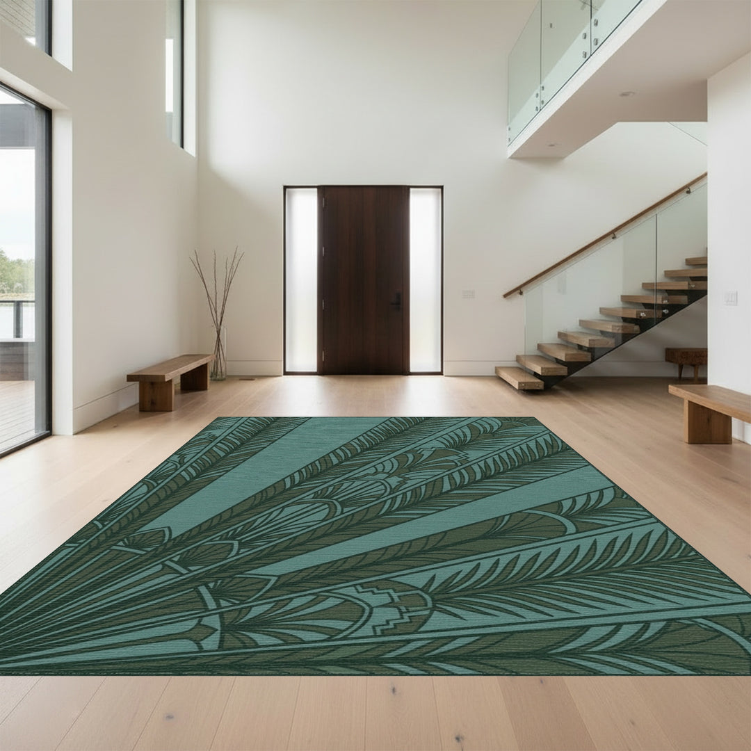 Deep Teal Feathered Fan Art Deco Rug