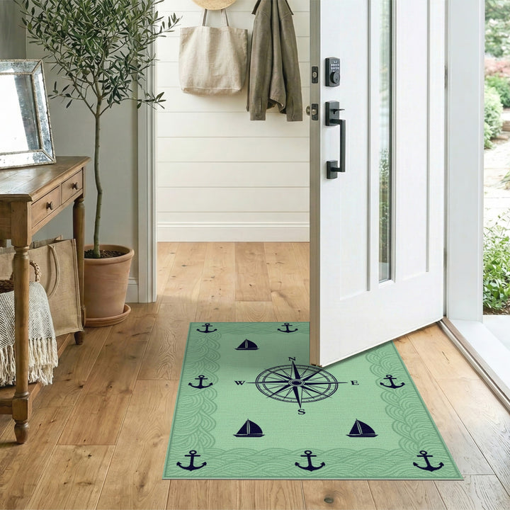 Coastal Nautical Compass Anchor Green Area Rug