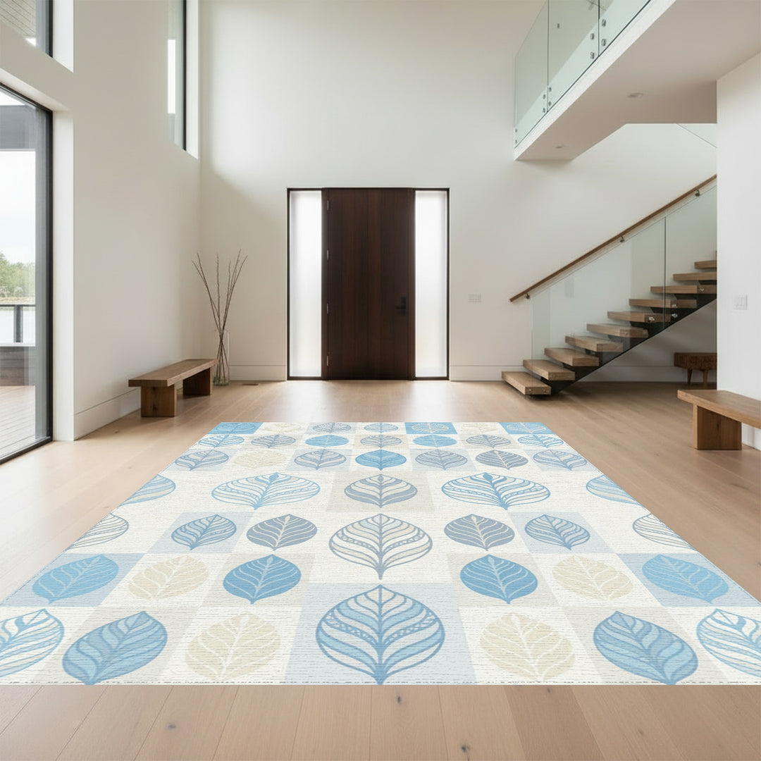 Soft Blue Leaf Botanical Squares Rug