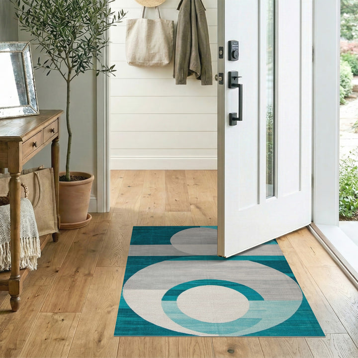 Blue and Teal Geometric Circles Modern Area Rug