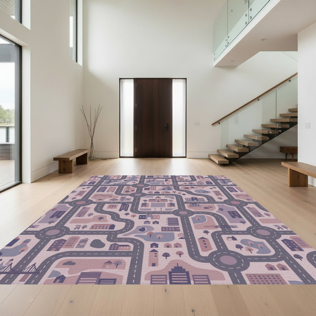 Urban Cityscape Street Map Amethyst Rug