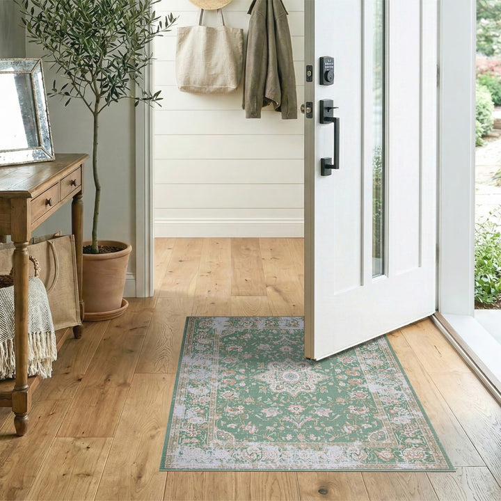 Green Distressed Green Floral Vintage Area Rug