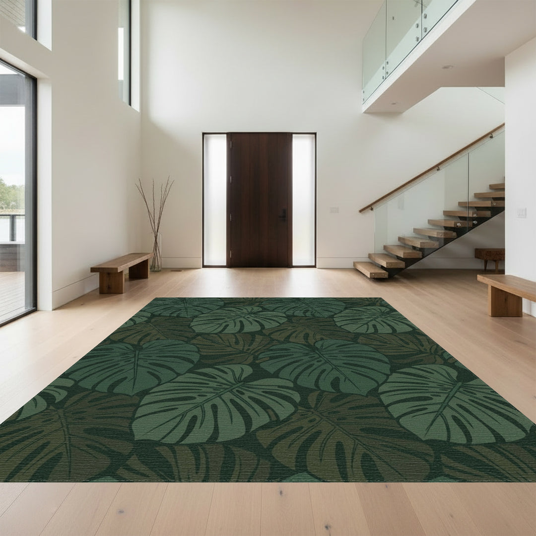 Deep Forest Monstera Leaf Arrangement Rug