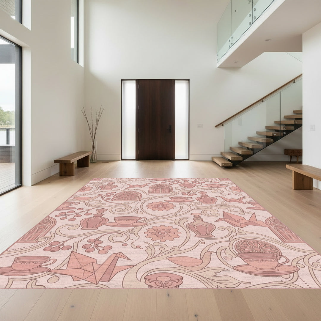 Rosy Rose Geometric Curled Vine Rug