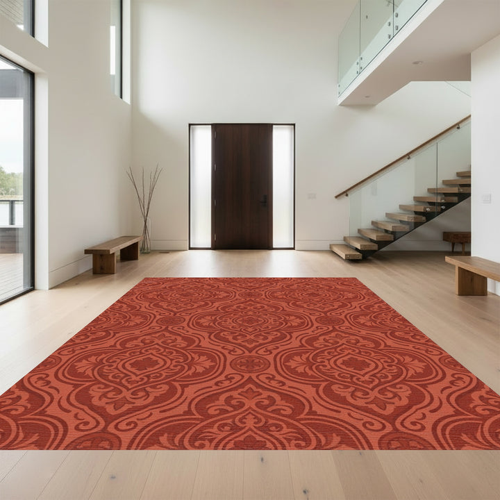 Rich Terracotta Damask Floral Medallion Rug