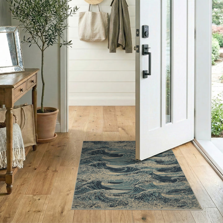 Blue Teal Wave Distressed Vintage Area Rug