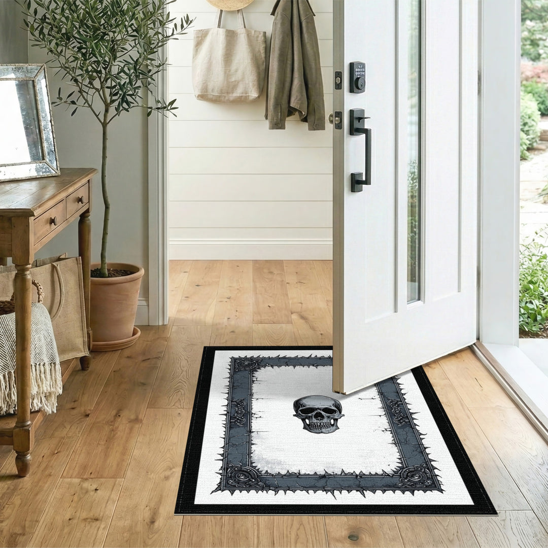 Black White Skull Frame Distressed Rug