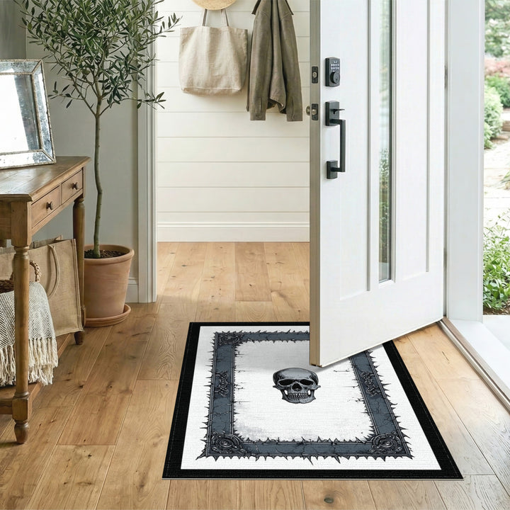 Black White Skull Frame Distressed Rug