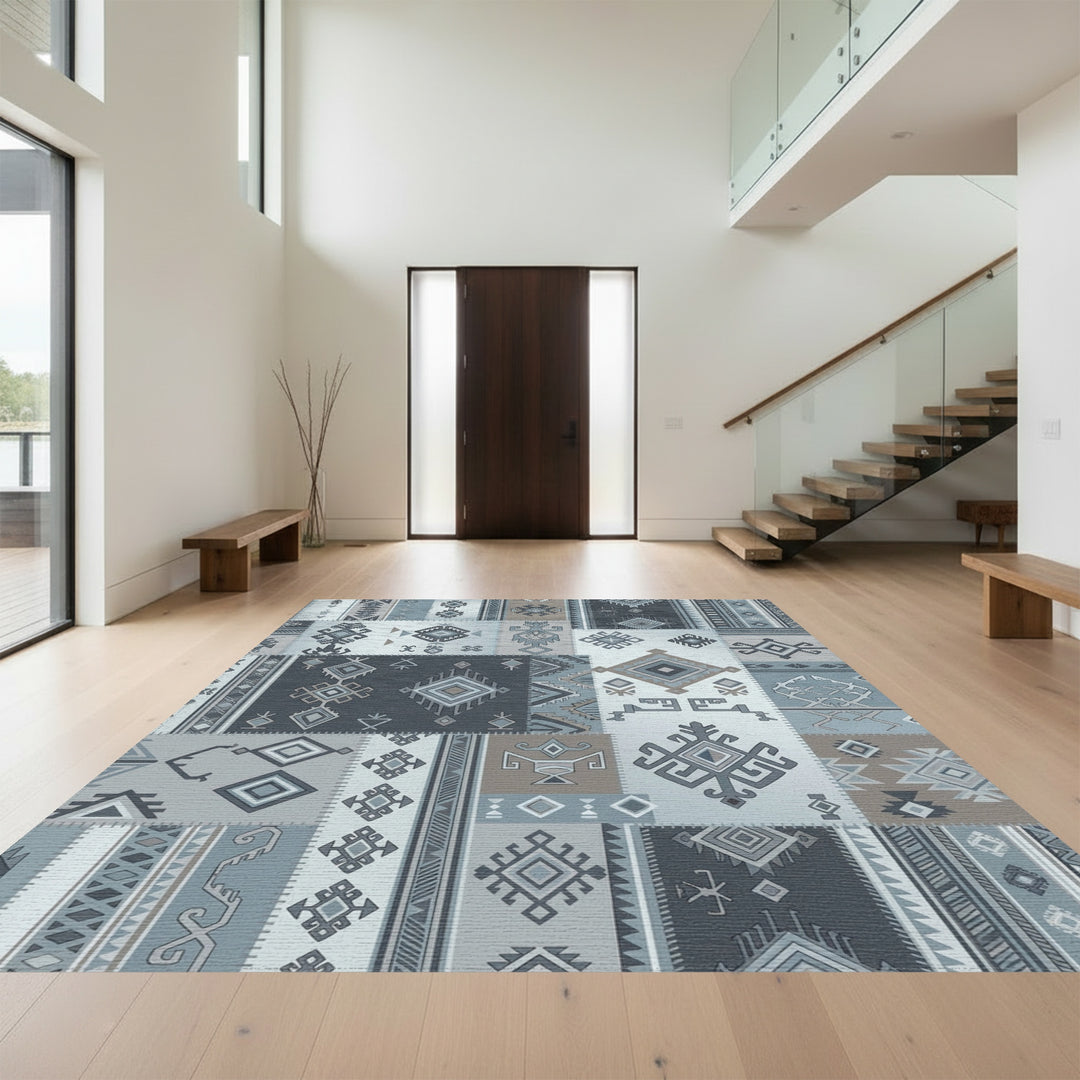 Patchwork Dusty Blue Geometric Tribal Rug