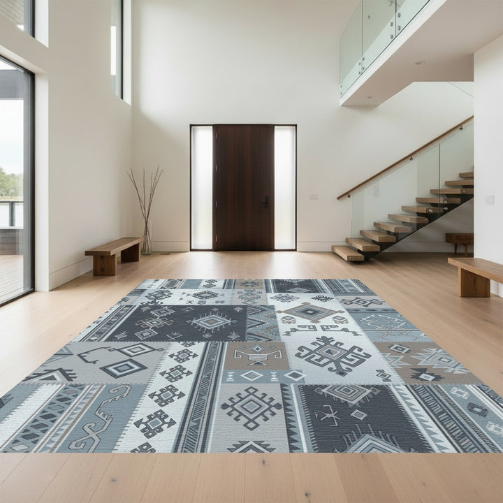 Patchwork Dusty Blue Geometric Tribal Rug