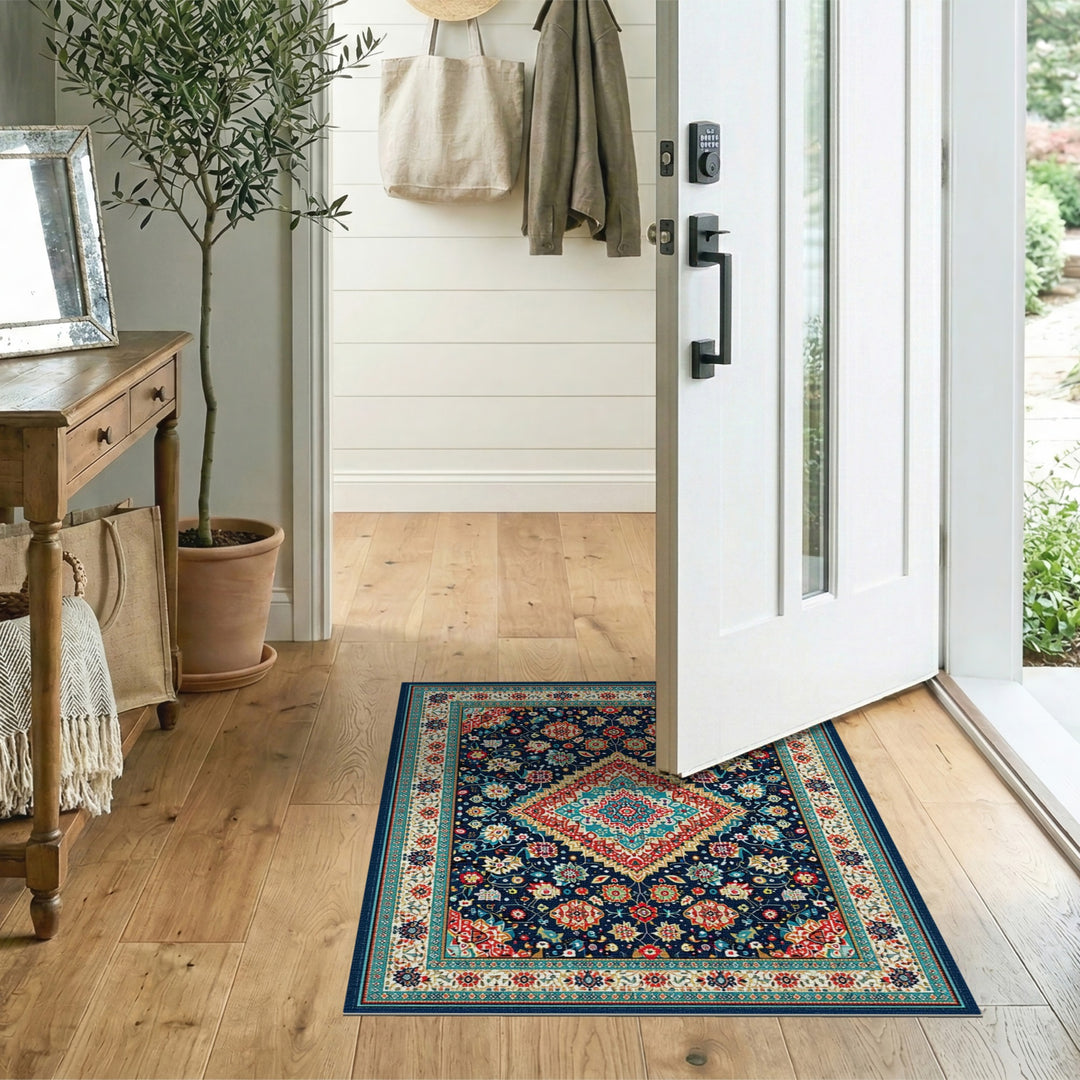 Navy Blue Teal Persian Medallion Area Rug