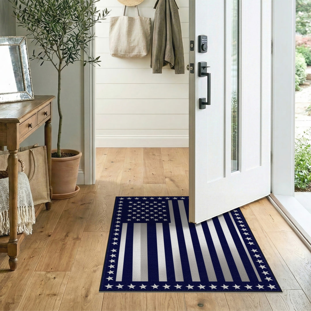 Navy Silver Stripe Flag Area Rug