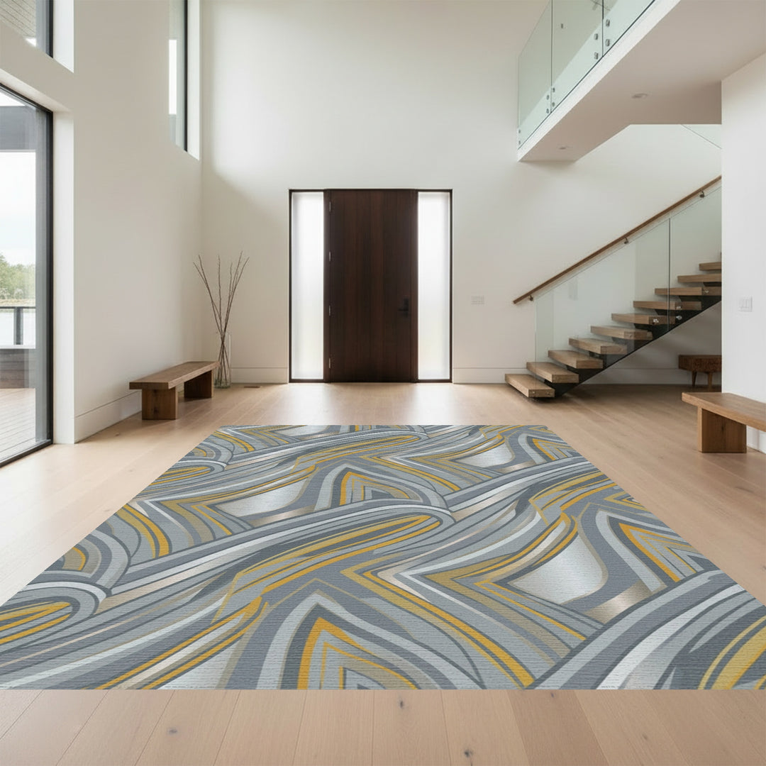 Modern Gray Gold Wavy Stripe Rug