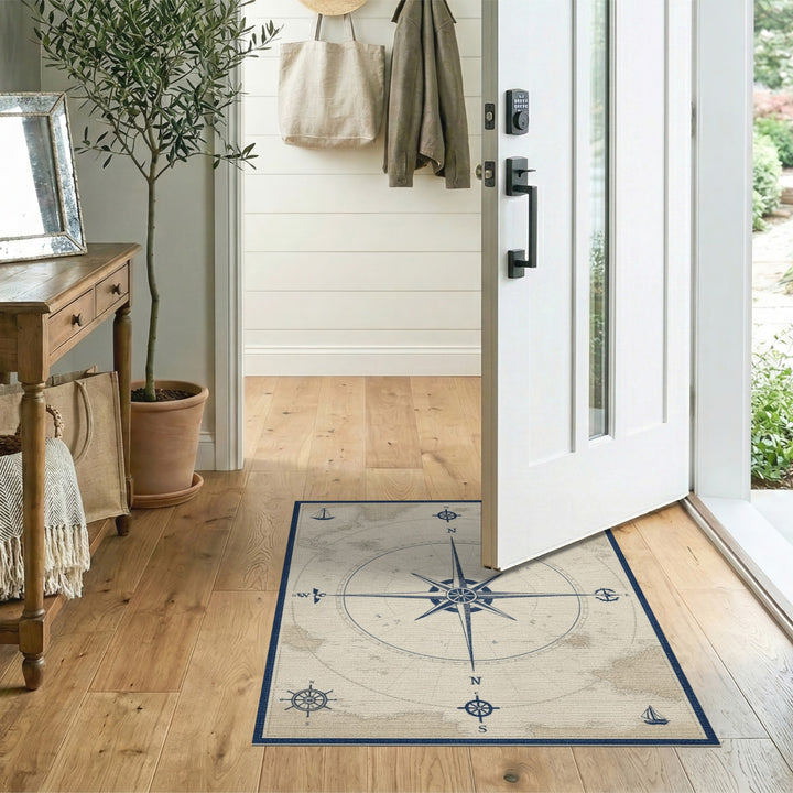 Distressed Vintage Blue and Teal Vintage Nautical Compass Blue Area Rug