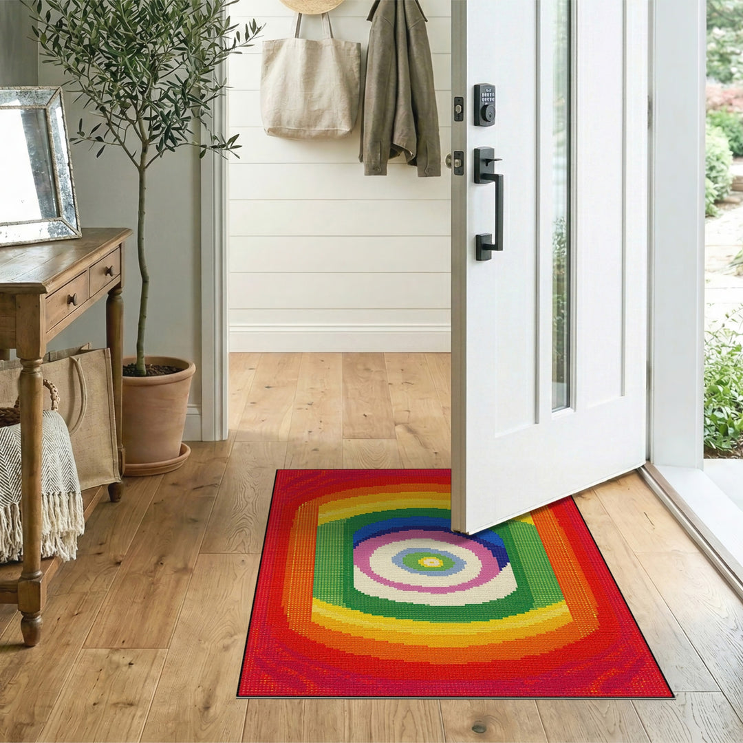 Vibrant Rainbow Concentric Square Area Rug