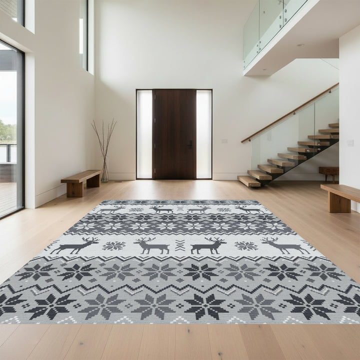 Gray Deer Snowflake Geometric Knit Rug