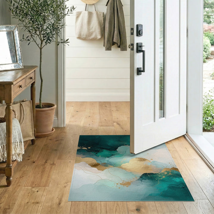 Teal and Gold Abstract Wave Area Rug
