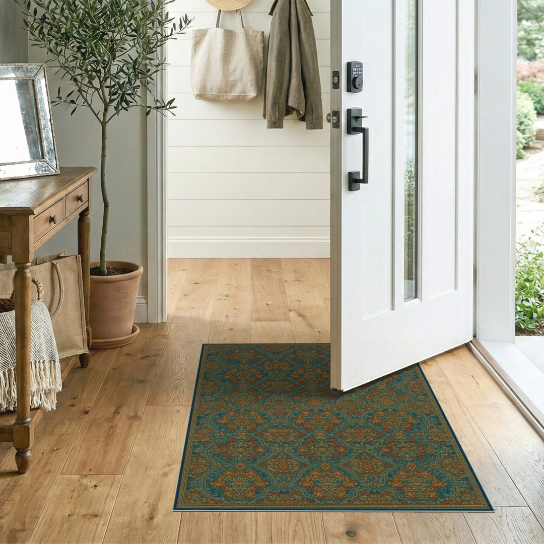 Blue and Teal Persian Medallion Area Rug with Orange Accents