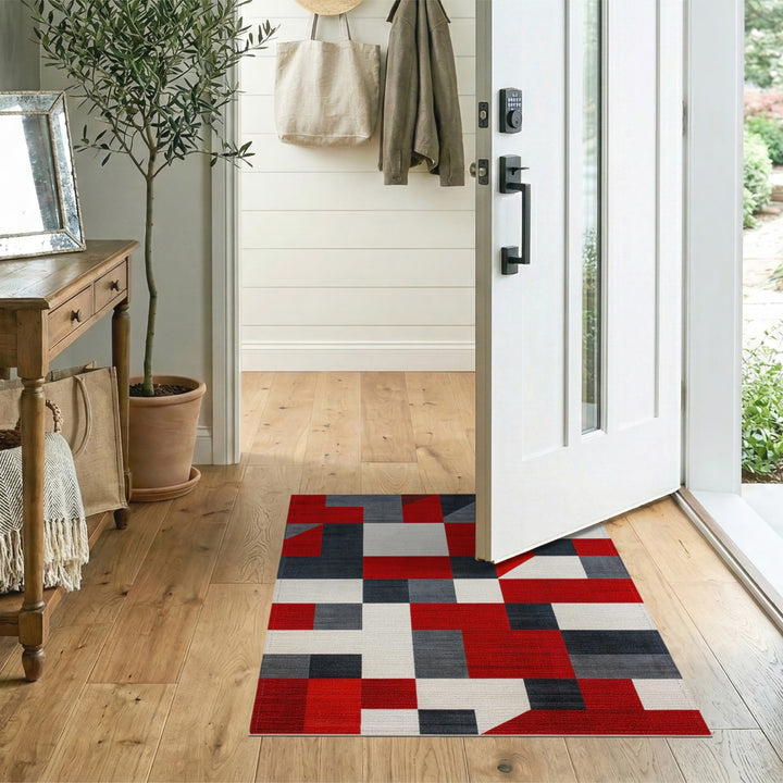 Red Geometric Block Area Rug