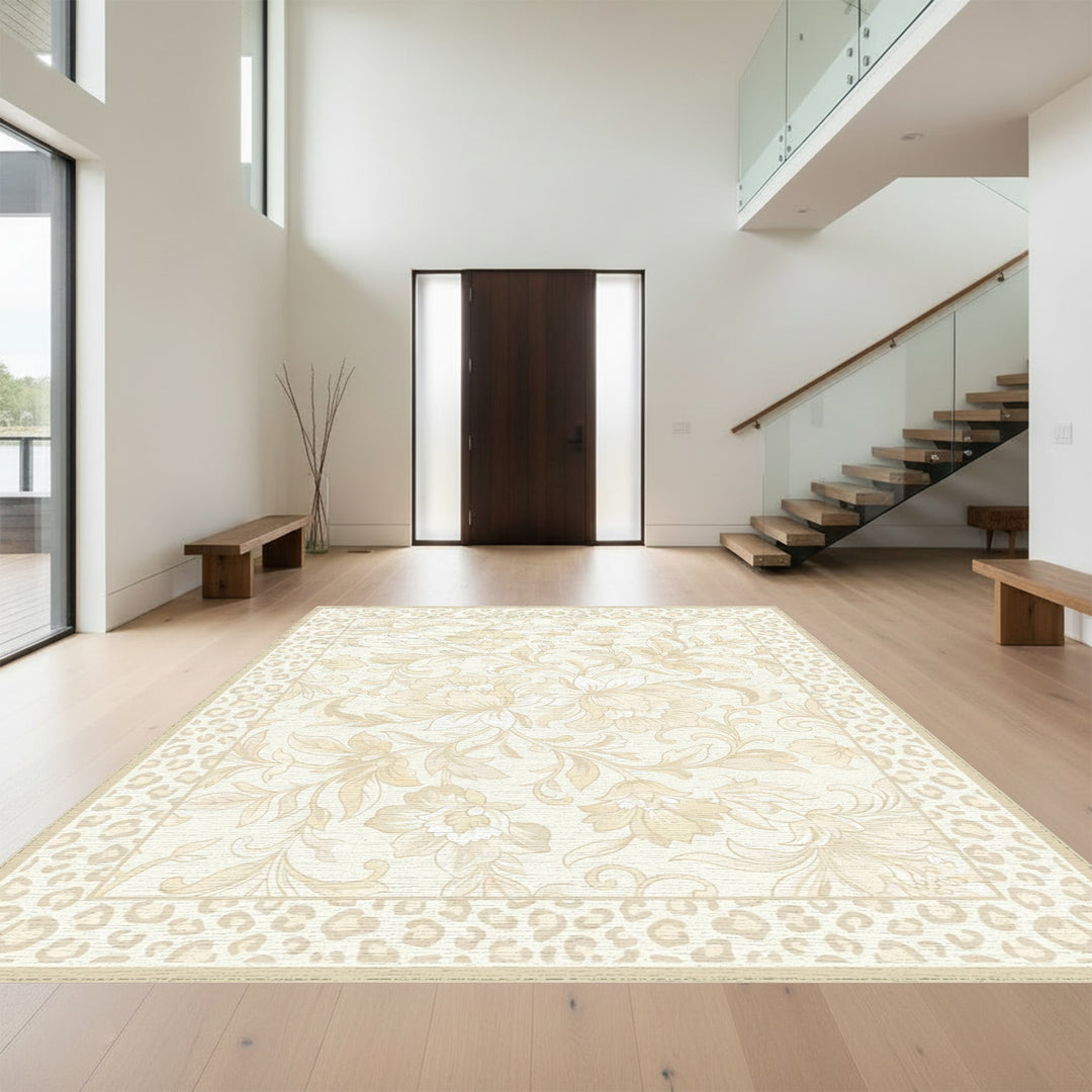 Cream Floral Bordered Leopard Print Rug