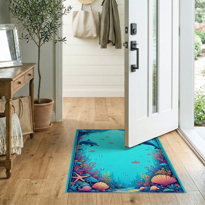 Dolphin Reef Blue Teal Coastal Area Rug