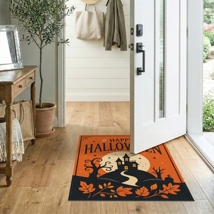 Orange Happy Halloween Haunted House Area Rug