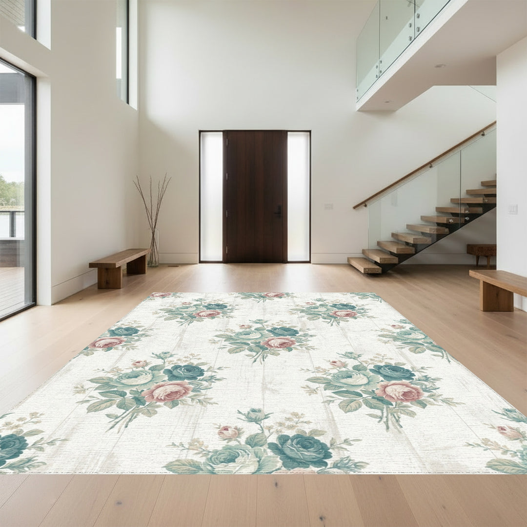 Vintage Pink Teal Floral Bouquet Rug