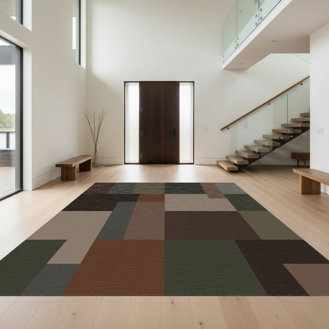 Earthy Brown Abstract Geometric Blocks Rug