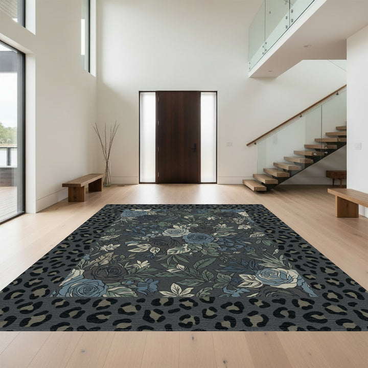 Moody Blue Floral Leopard Border Rug
