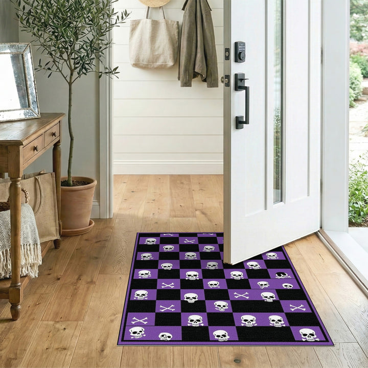 Purple Skull Checkered Washable Area Rug