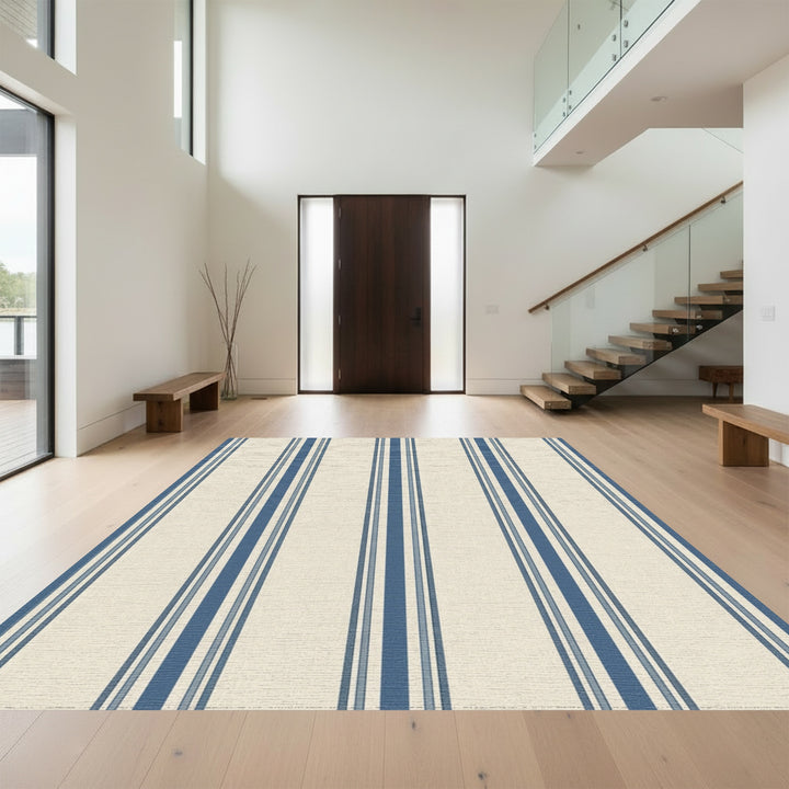 Coastal Cream Blue Striped Drape Rug