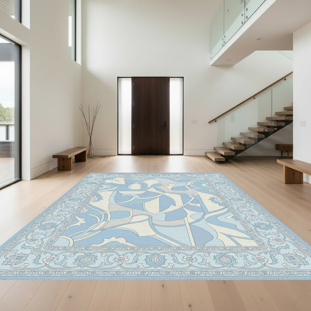 Soft Blue Floral Arc Detailed Rug