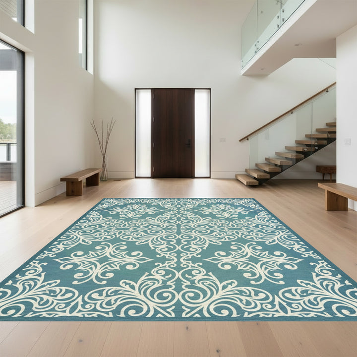 Ornate Teal White Scrollwork Rug