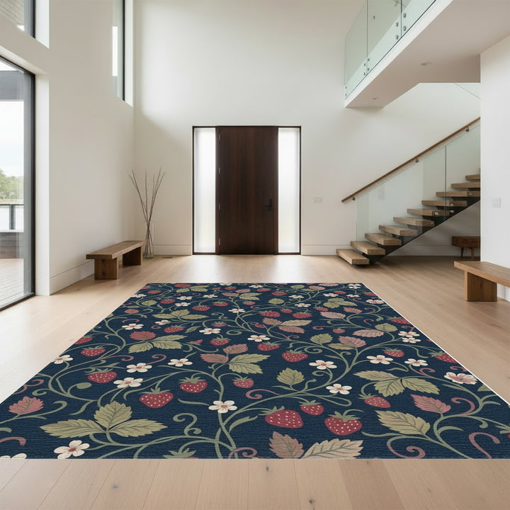 Navy Strawberry Vine Floral Rug