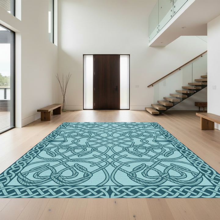 Teal Intricate Knotwork Border Rug