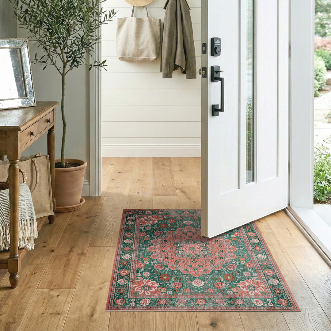 Green Floral Vintage Area Rug