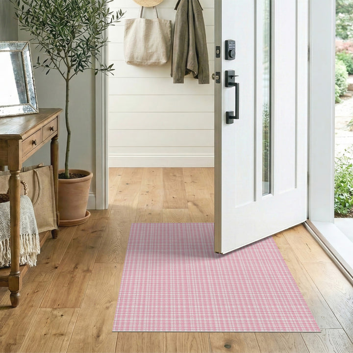 Pink Gingham Checkered Washable Pink Area Rug