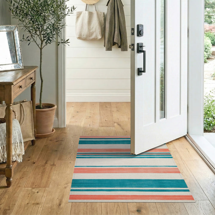 Teal Coral Striped Geometric Area Rug