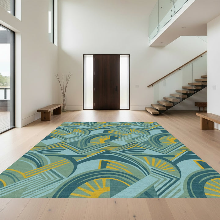 Art Deco Teal Yellow Sunburst Geometric Rug